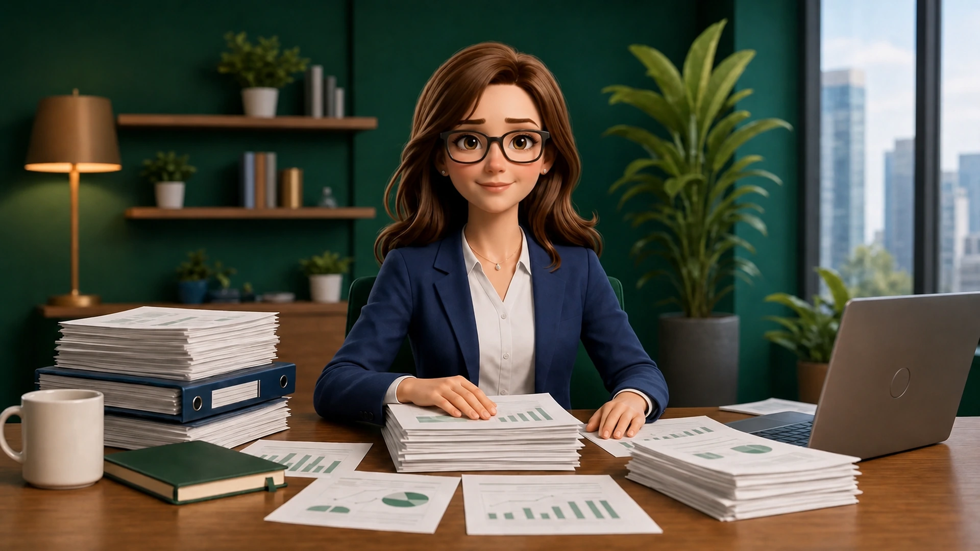 Clara seated at a desk with financial reports